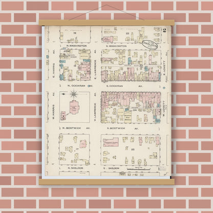 Old map wall art mockup — magnetic wood frame on brick wall — Sanborn Fire Insurance Map from Charlotte, Eaton County, Michigan (1886), Sheet #0002