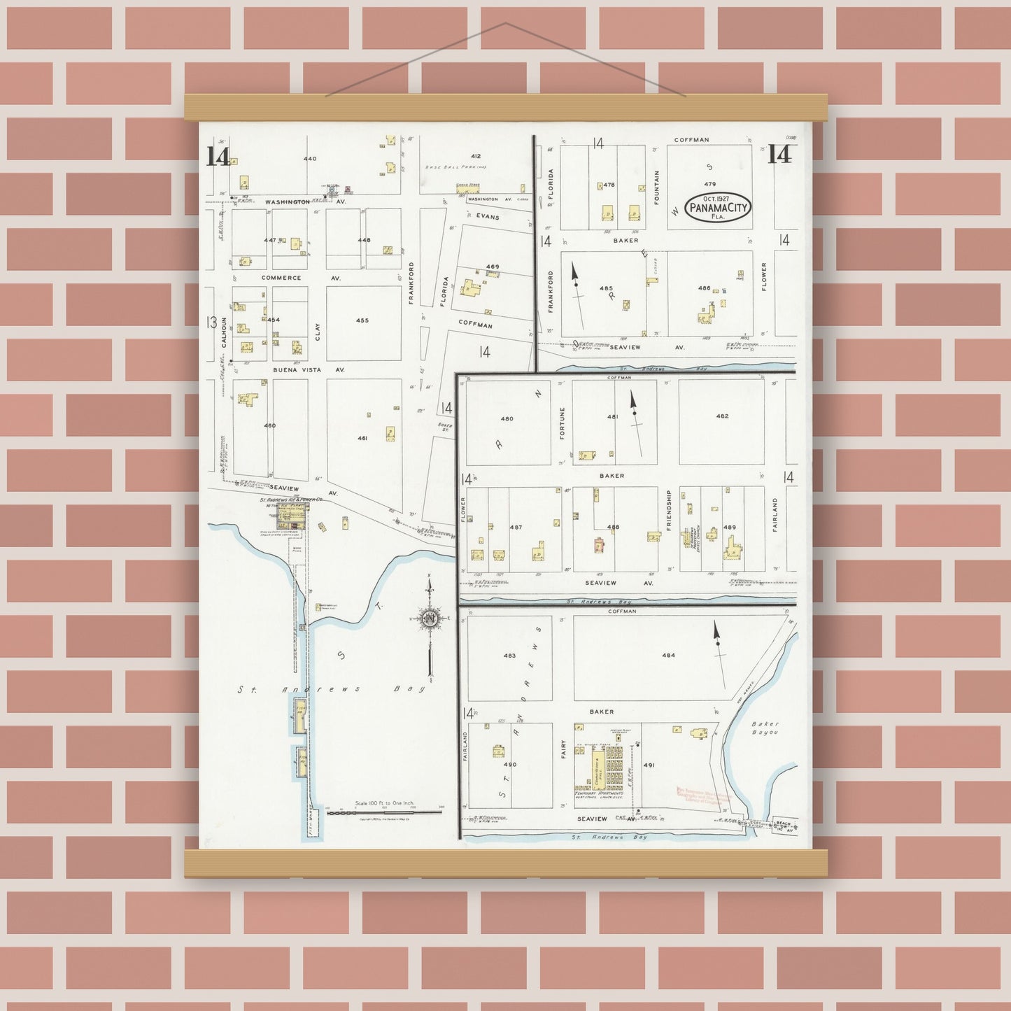 Old map wall art mockup — magnetic wood frame on brick wall — Sanborn Fire Insurance Map from Panama City, Bay County, Florida (1927), Sheet #0014