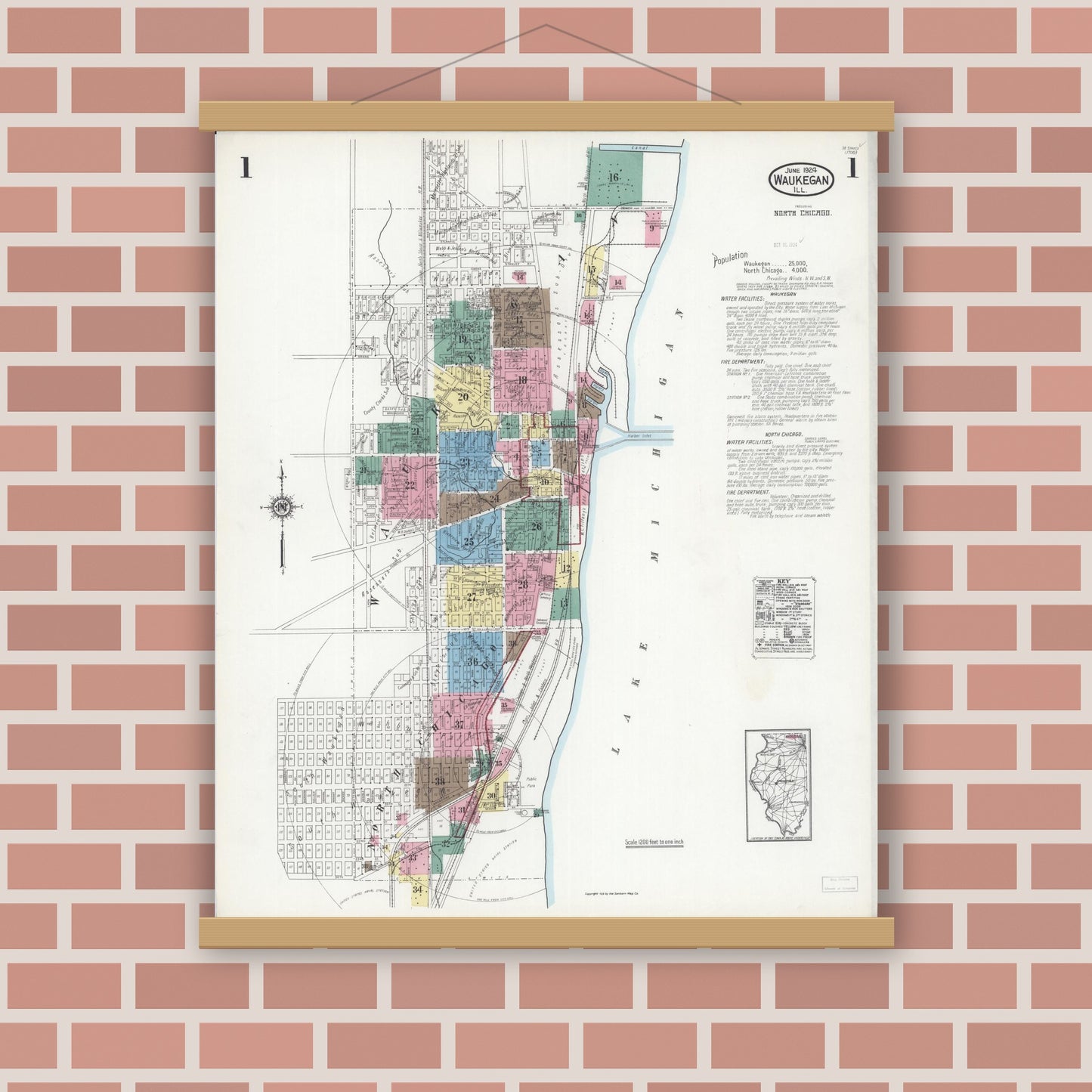 Old map wall art mockup — magnetic wood frame on brick wall — Sanborn Fire Insurance Map from Waukegan, Lake County, Illinois (1924) - Complete Map Set