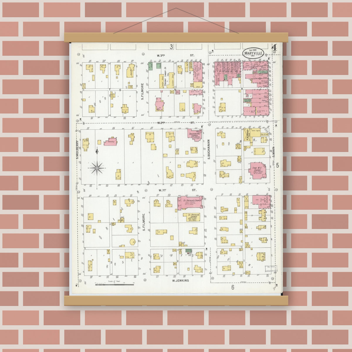 Old map wall art mockup — magnetic wood frame on brick wall — Sanborn Fire Insurance Map from Maryville, Nodaway County, Missouri (1900), Sheet #0004