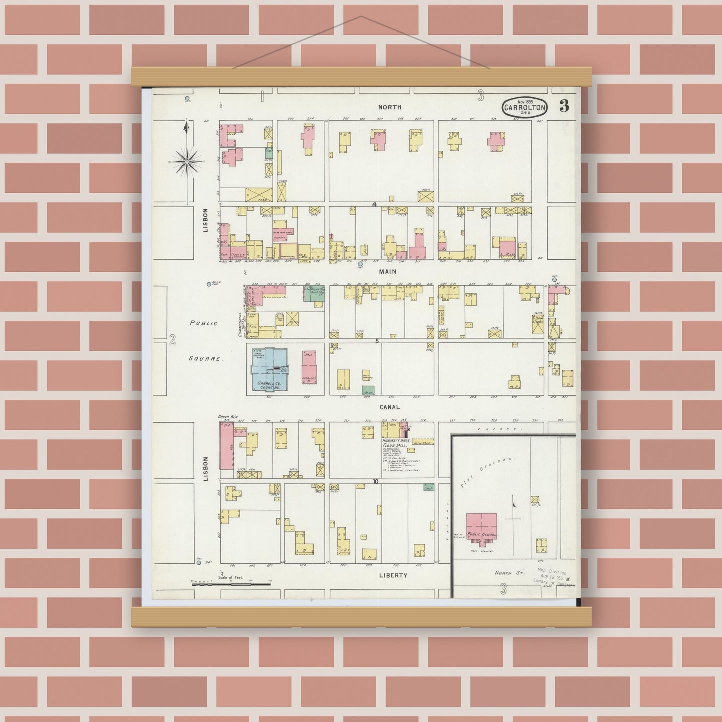 Old map wall art mockup — magnetic wood frame on brick wall — Sanborn Fire Insurance Map from Carrollton, Carroll County, Ohio (1895), Sheet #0003
