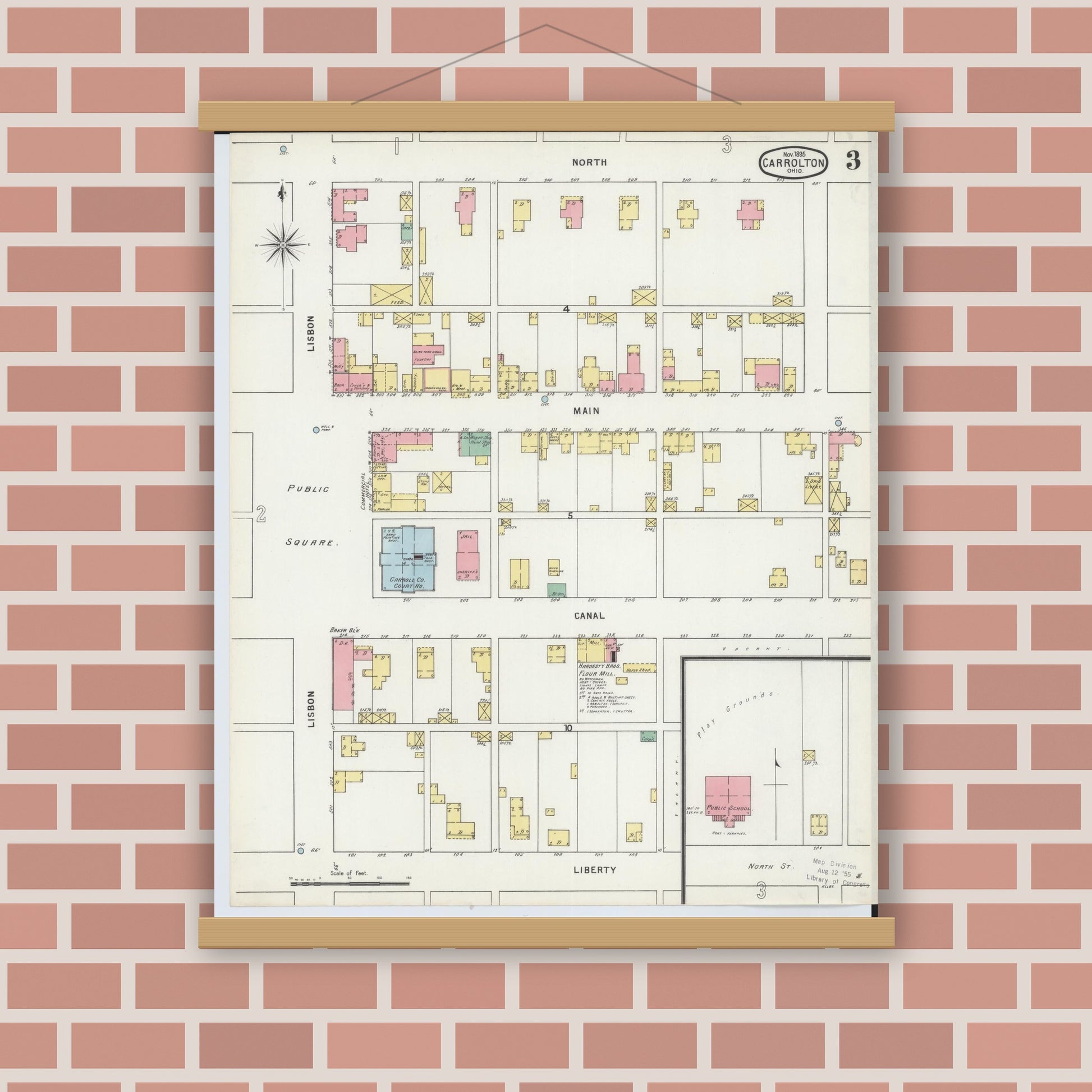 Old map wall art mockup — magnetic wood frame on brick wall — Sanborn Fire Insurance Map from Carrollton, Carroll County, Ohio (1895), Sheet #0003