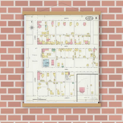 Old map wall art mockup — magnetic wood frame on brick wall — Sanborn Fire Insurance Map from Carrollton, Carroll County, Ohio (1895), Sheet #0003
