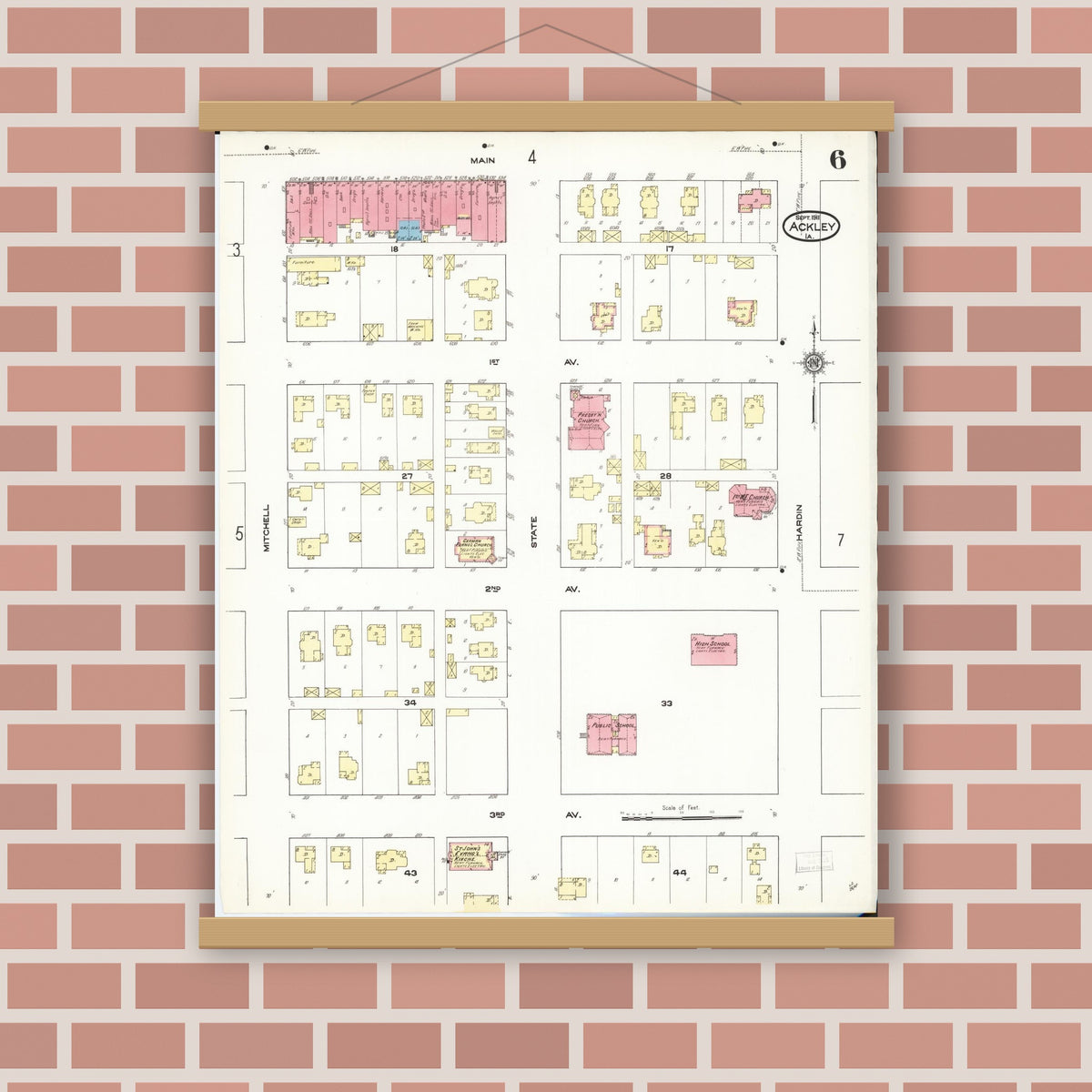 Old map wall art mockup — magnetic wood frame on brick wall — Sanborn Fire Insurance Map from Ackley, Hardin and Franklin Counties, Iowa (1911), Sheet #0006