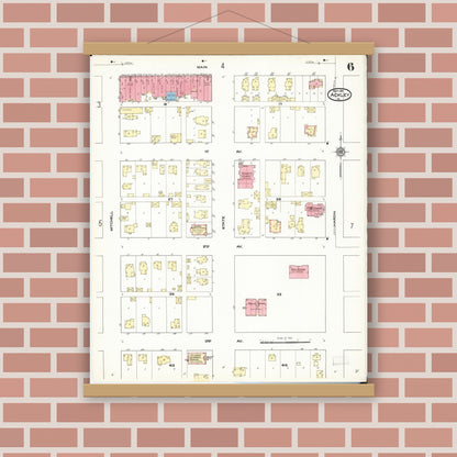Old map wall art mockup — magnetic wood frame on brick wall — Sanborn Fire Insurance Map from Ackley, Hardin and Franklin Counties, Iowa (1911), Sheet #0006