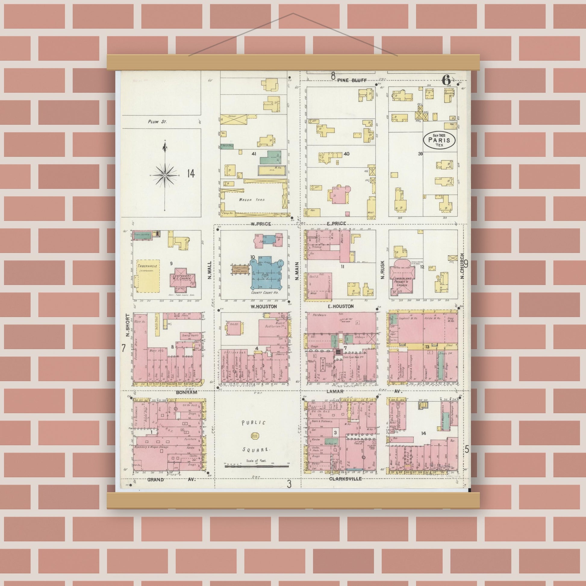 Old map wall art mockup — magnetic wood frame on brick wall — Sanborn Fire Insurance Map from Paris, Lamar County, Texas (1902), Sheet #0006