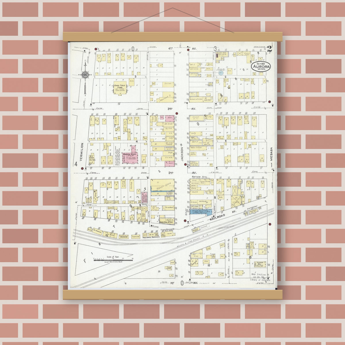Old map wall art mockup — magnetic wood frame on brick wall — Sanborn Fire Insurance Map from Aurora, Saint Louis County, Minnesota (1921), Sheet #0002
