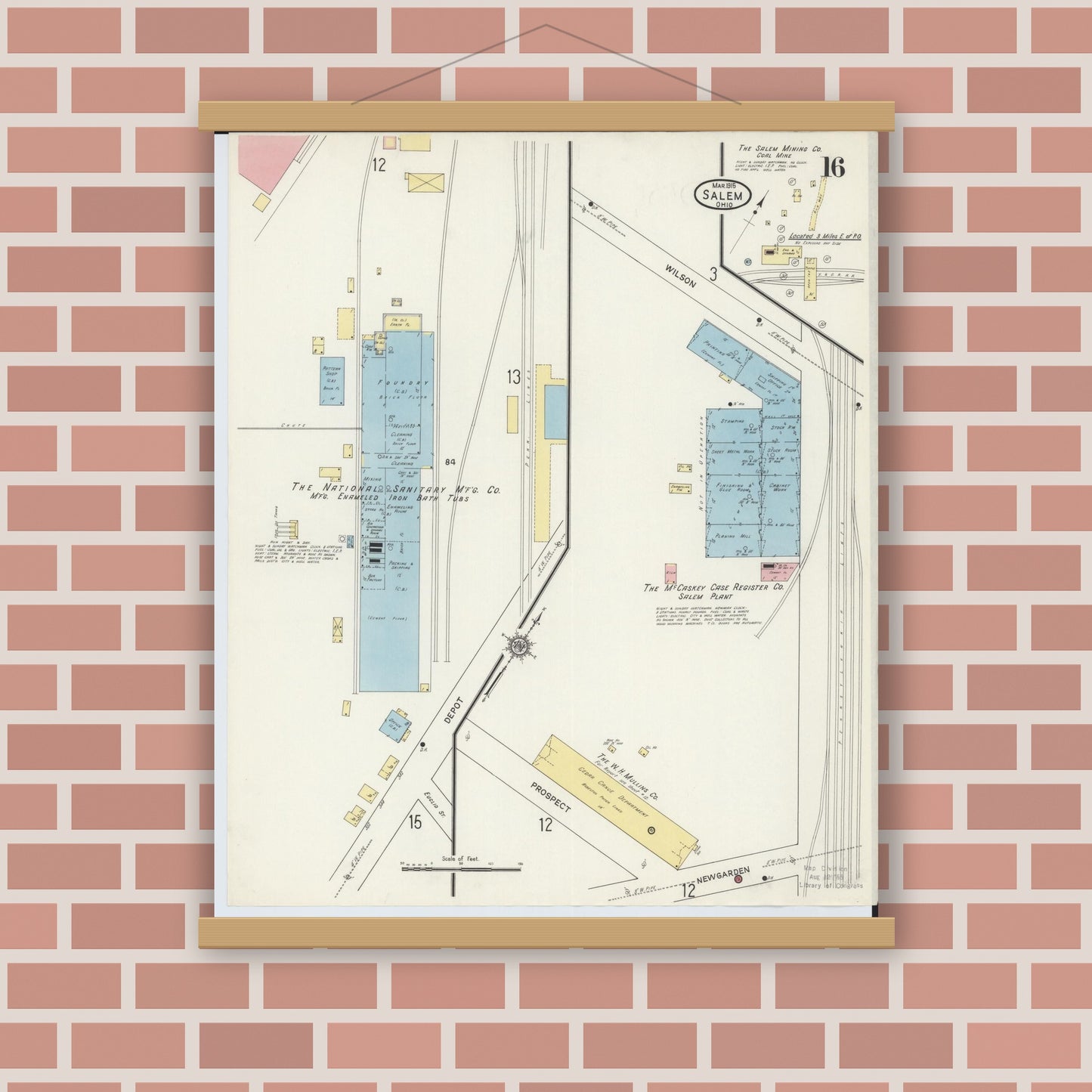 Old map wall art mockup — magnetic wood frame on brick wall — Sanborn Fire Insurance Map from Salem, Columbiana County, Ohio (1915), Sheet #0016