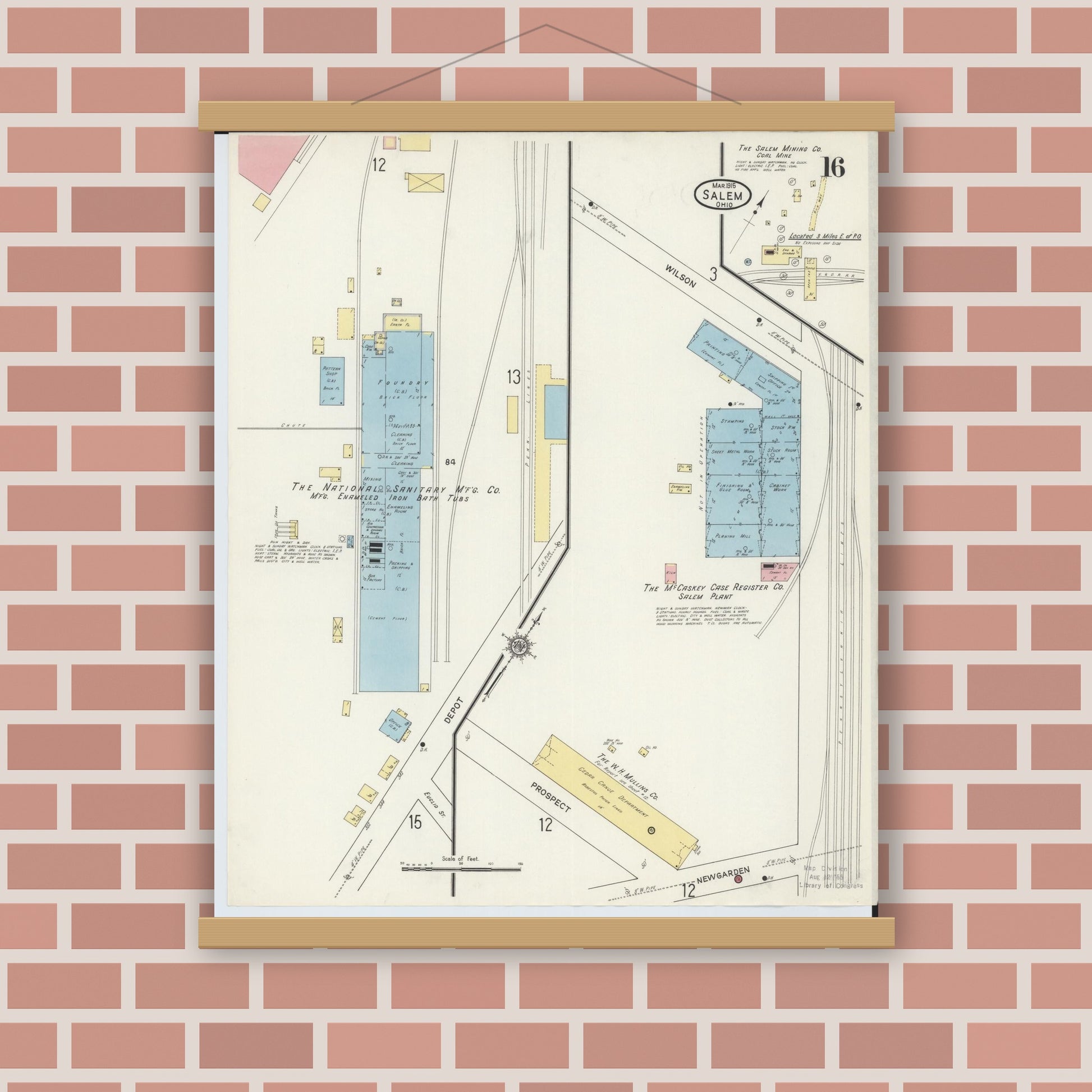 Old map wall art mockup — magnetic wood frame on brick wall — Sanborn Fire Insurance Map from Salem, Columbiana County, Ohio (1915), Sheet #0016