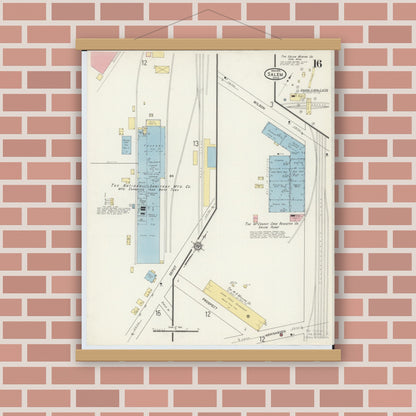 Old map wall art mockup — magnetic wood frame on brick wall — Sanborn Fire Insurance Map from Salem, Columbiana County, Ohio (1915), Sheet #0016
