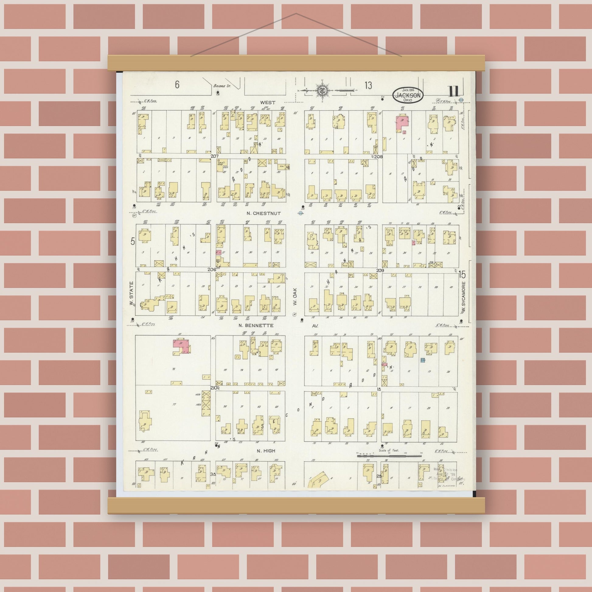 Old map wall art mockup — magnetic wood frame on brick wall — Sanborn Fire Insurance Map from Jackson, Jackson County, Ohio (1914), Sheet #0011