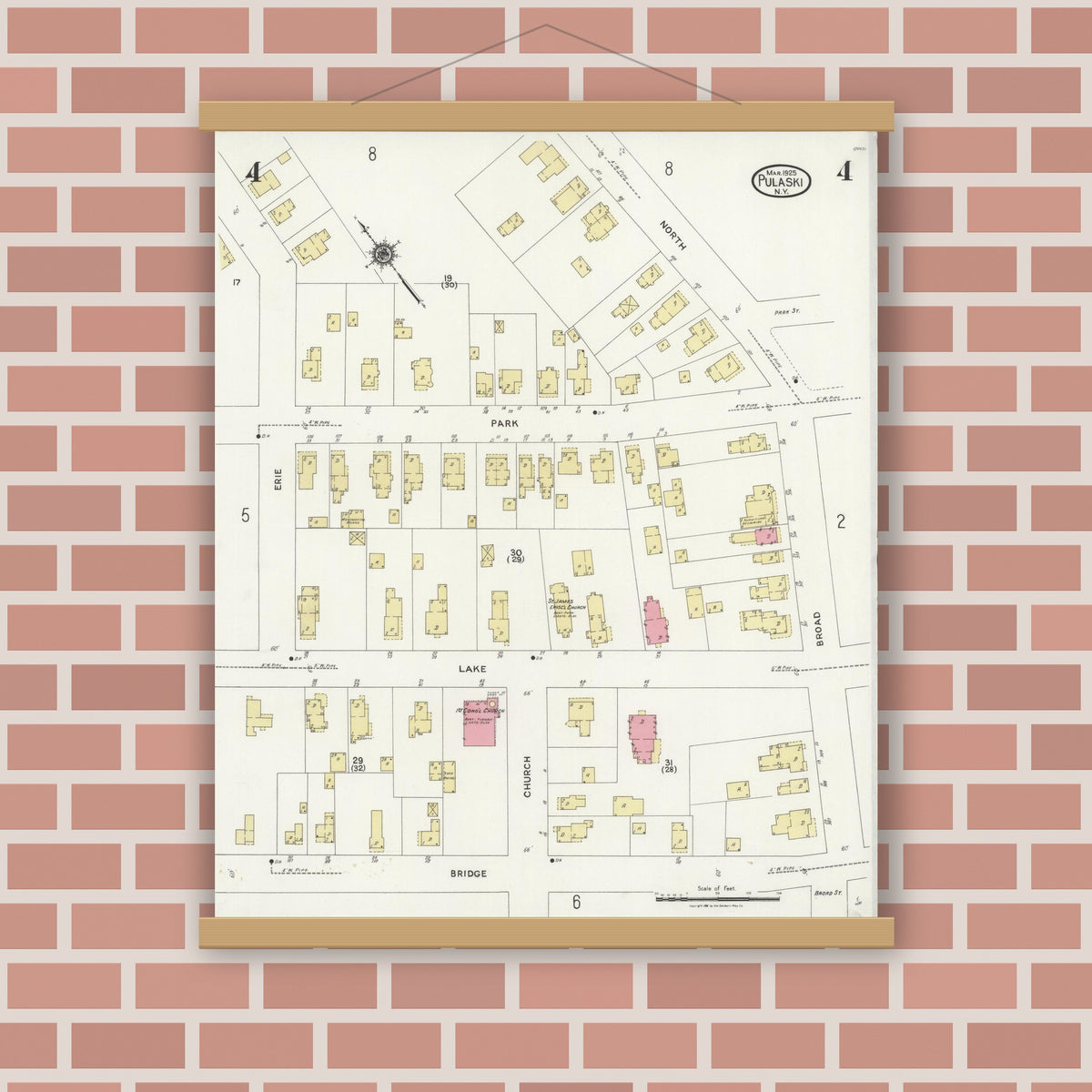 Old map wall art mockup — magnetic wood frame on brick wall — Sanborn Fire Insurance Map from Pulaski, Oswego County, New York (1925), Sheet #0004