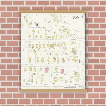 Old map wall art mockup — magnetic wood frame on brick wall — Sanborn Fire Insurance Map from Pulaski, Oswego County, New York (1925), Sheet #0004