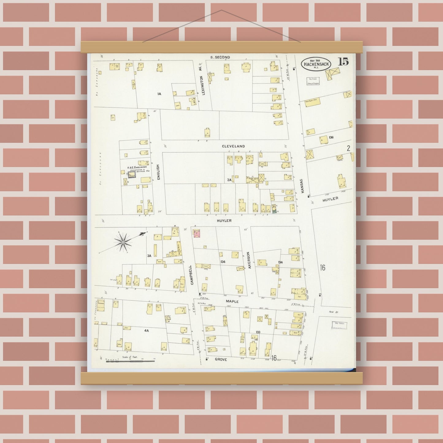 Old map wall art mockup — magnetic wood frame on brick wall — Sanborn Fire Insurance Map from Hackensack, Bergen County, New Jersey (1908), Sheet #0015