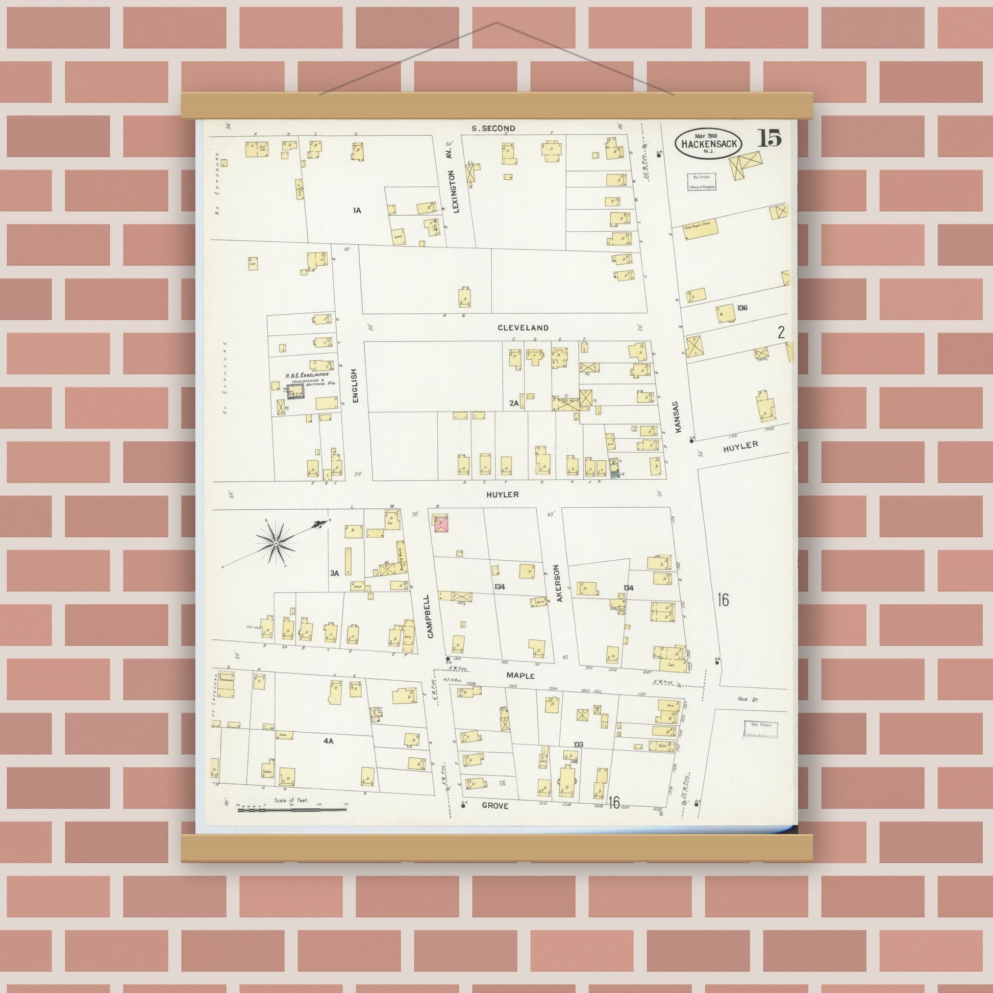 Old map wall art mockup — magnetic wood frame on brick wall — Sanborn Fire Insurance Map from Hackensack, Bergen County, New Jersey (1908), Sheet #0015