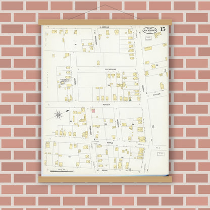 Old map wall art mockup — magnetic wood frame on brick wall — Sanborn Fire Insurance Map from Hackensack, Bergen County, New Jersey (1908), Sheet #0015