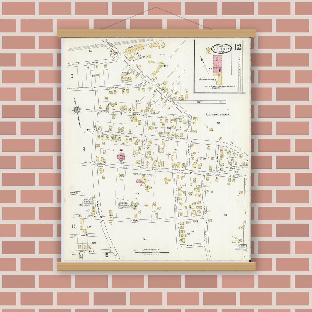 Old map wall art mockup — magnetic wood frame on brick wall — Sanborn Fire Insurance Map from Attleboro, Bristol County, Massachusetts (1916), Sheet #0012
