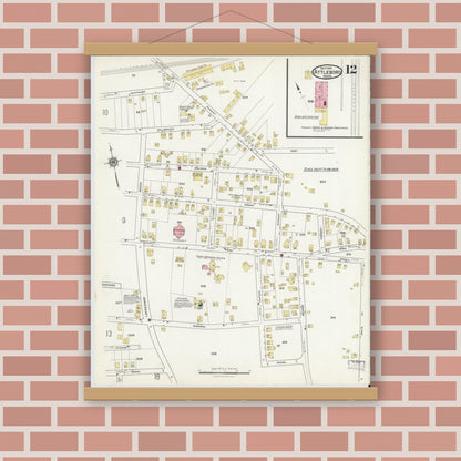 Old map wall art mockup — magnetic wood frame on brick wall — Sanborn Fire Insurance Map from Attleboro, Bristol County, Massachusetts (1916), Sheet #0012