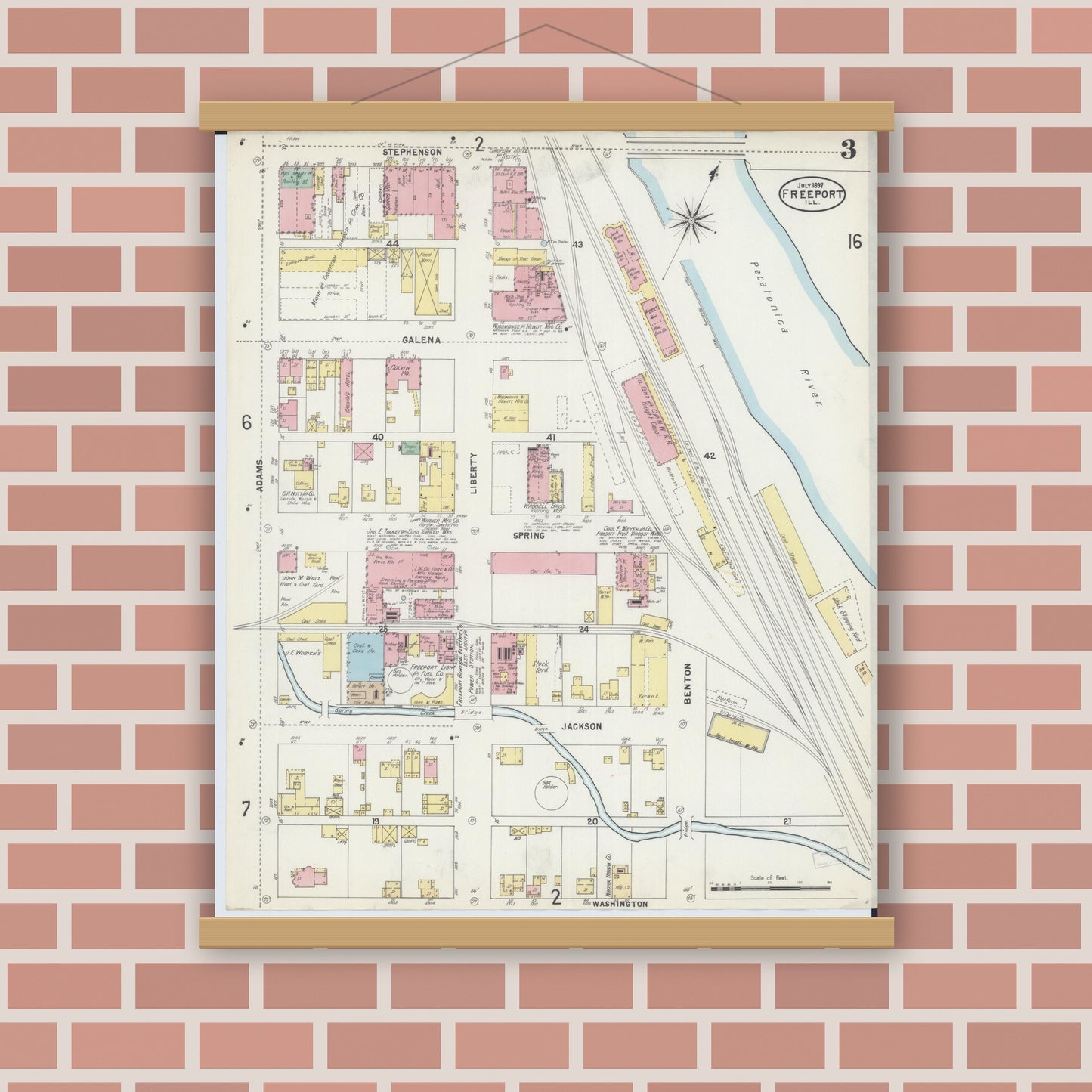 Old map wall art mockup — magnetic wood frame on brick wall — Sanborn Fire Insurance Map from Freeport, Stephenson County, Illinois (1897), Sheet #0003