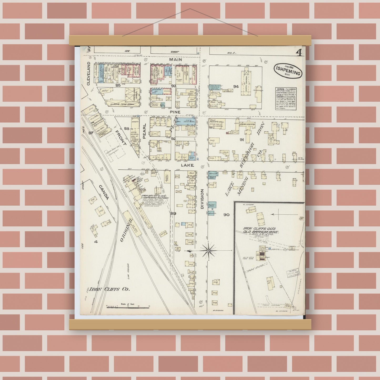 Old map wall art mockup — magnetic wood frame on brick wall — Sanborn Fire Insurance Map from Ishpeming, Marquette County, Michigan (1884), Sheet #0004