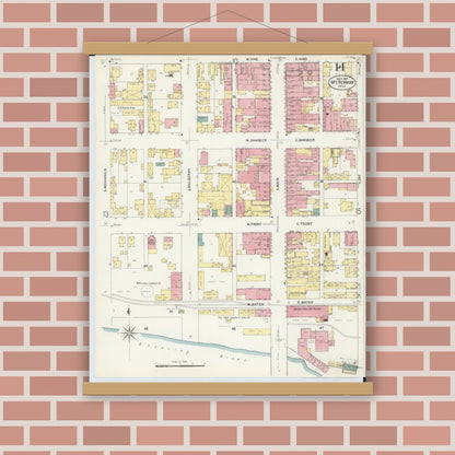 Old map wall art mockup — magnetic wood frame on brick wall — Sanborn Fire Insurance Map from Mount Vernon, Knox County, Ohio (1907), Sheet #0014