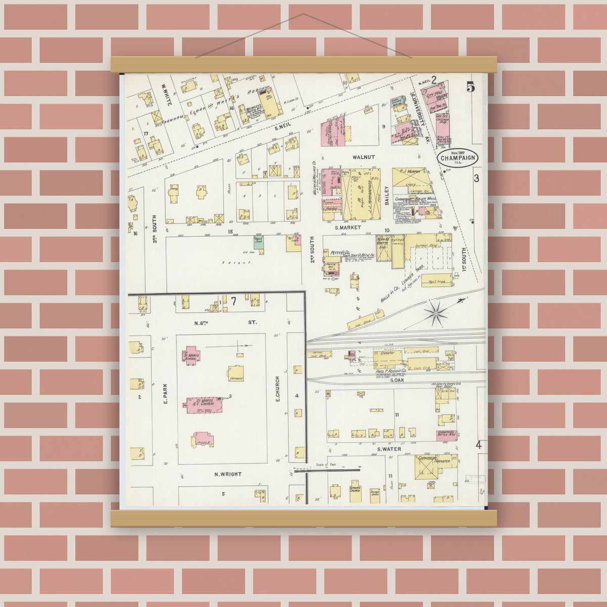 Old map wall art mockup — magnetic wood frame on brick wall — Sanborn Fire Insurance Map from Champaign, Champaign County, Illinois (1897), Sheet #0005