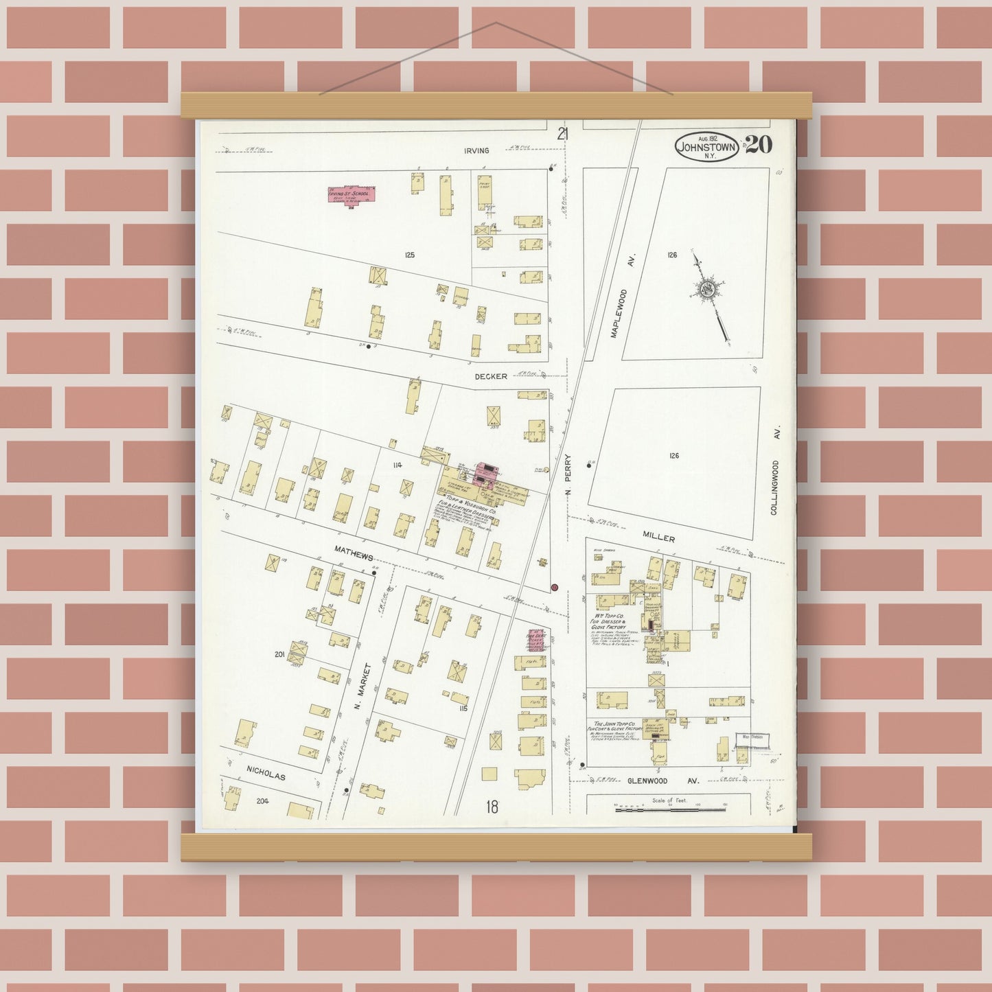 Old map wall art mockup — magnetic wood frame on brick wall — Sanborn Fire Insurance Map from Johnstown, Fulton County, New York (1912), Sheet #0020