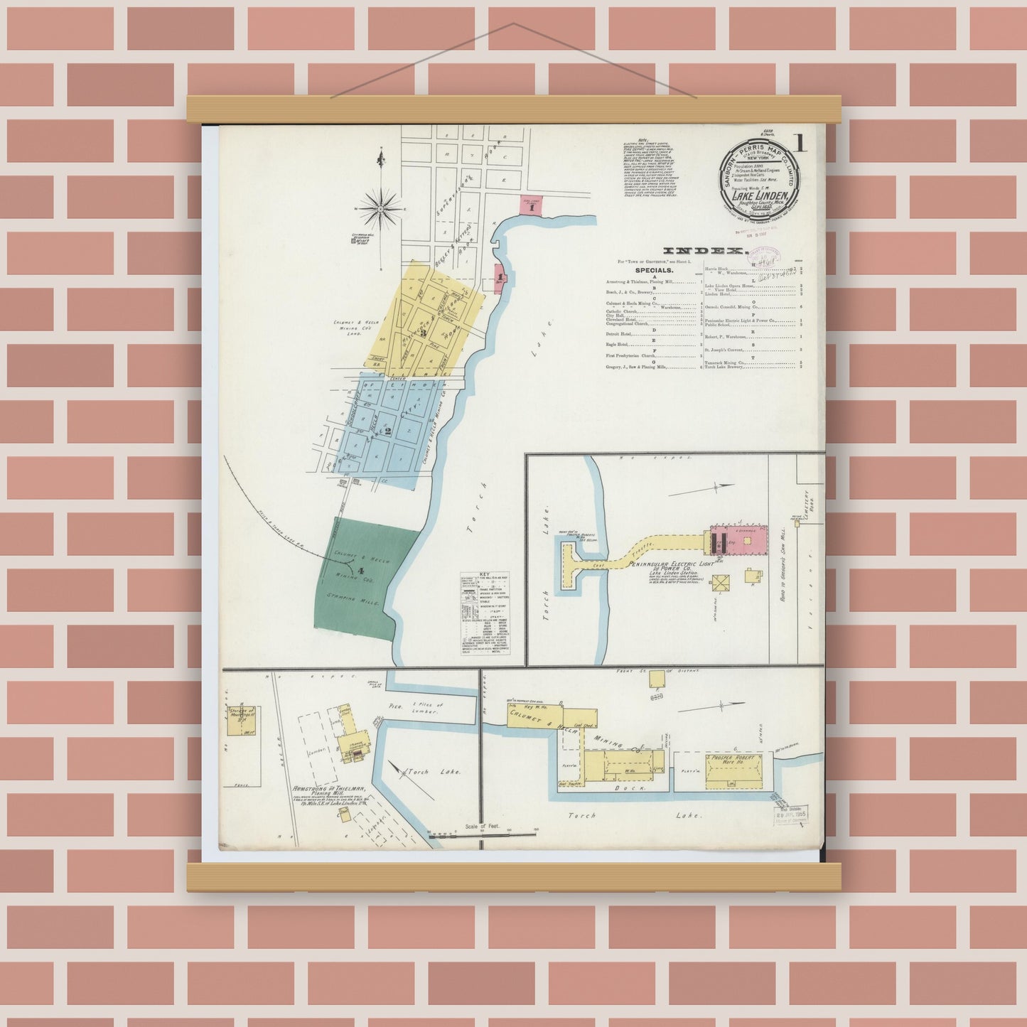 Old map wall art mockup — magnetic wood frame on brick wall — Sanborn Fire Insurance Map from Lake Linden, Houghton County, Michigan (1893) - Complete Map Set