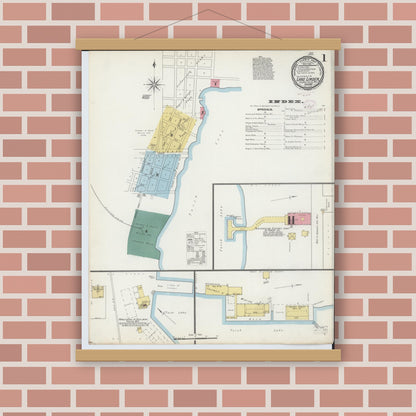 Old map wall art mockup — magnetic wood frame on brick wall — Sanborn Fire Insurance Map from Lake Linden, Houghton County, Michigan (1893) - Complete Map Set