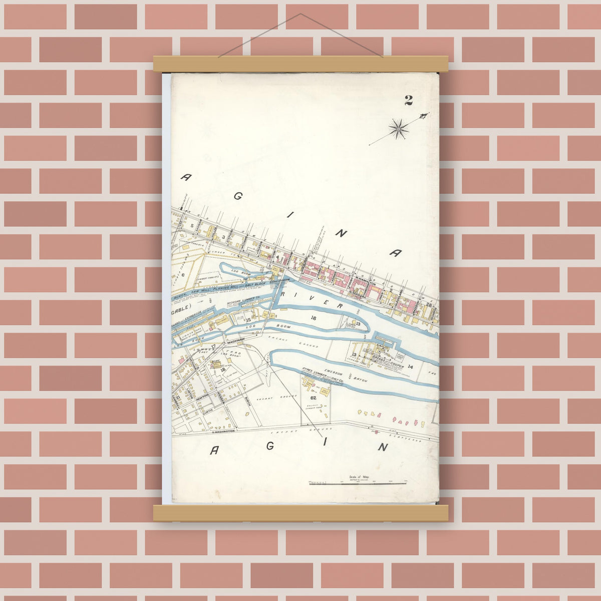 Old map wall art mockup — magnetic wood frame on brick wall — Sanborn Fire Insurance Map from Saginaw, Saginaw County, Michigan (1895), Sheet #0002
