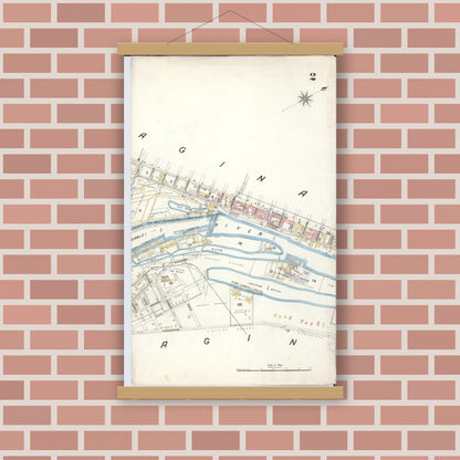 Old map wall art mockup — magnetic wood frame on brick wall — Sanborn Fire Insurance Map from Saginaw, Saginaw County, Michigan (1895), Sheet #0002
