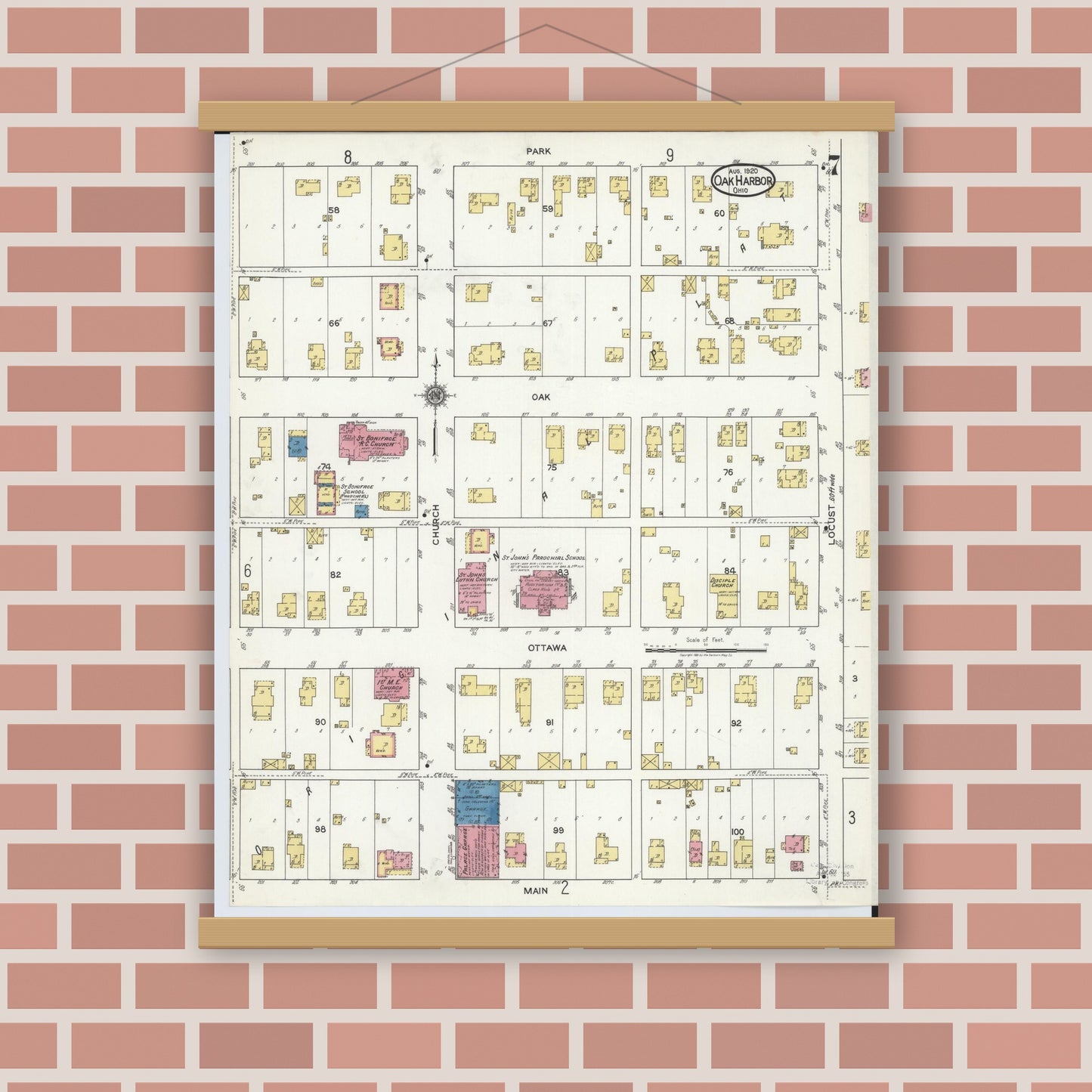 Old map wall art mockup — magnetic wood frame on brick wall — Sanborn Fire Insurance Map from Oak Harbor, Ottawa County, Ohio (1920), Sheet #0007