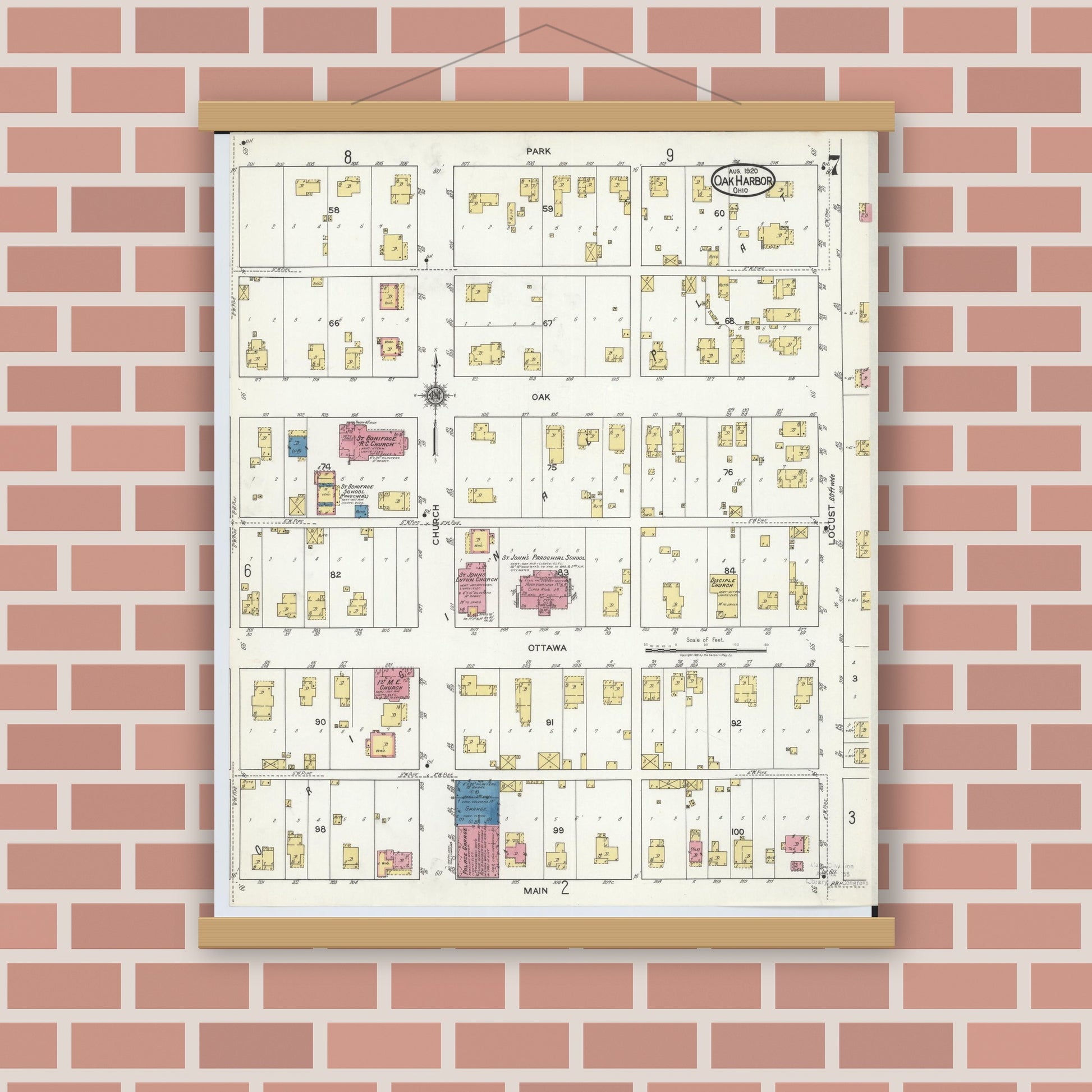 Old map wall art mockup — magnetic wood frame on brick wall — Sanborn Fire Insurance Map from Oak Harbor, Ottawa County, Ohio (1920), Sheet #0007