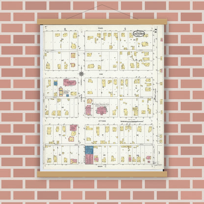 Old map wall art mockup — magnetic wood frame on brick wall — Sanborn Fire Insurance Map from Oak Harbor, Ottawa County, Ohio (1920), Sheet #0007