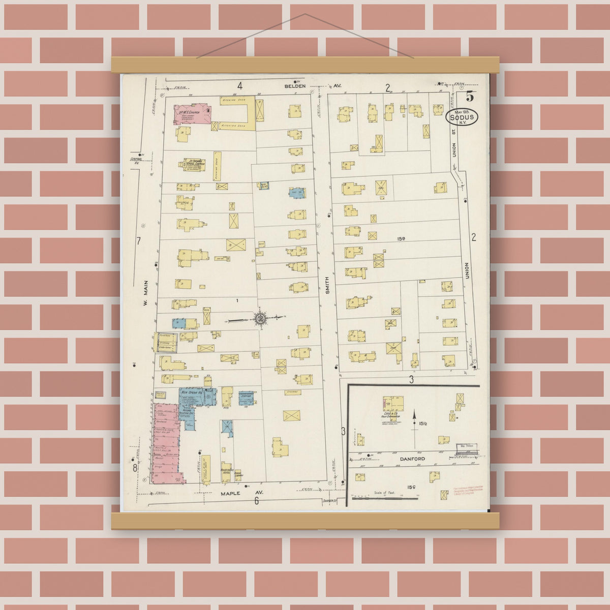 Old map wall art mockup — magnetic wood frame on brick wall — Sanborn Fire Insurance Map from Sodus, Wayne County, New York (1915), Sheet #0005