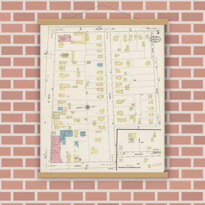 Old map wall art mockup — magnetic wood frame on brick wall — Sanborn Fire Insurance Map from Sodus, Wayne County, New York (1915), Sheet #0005