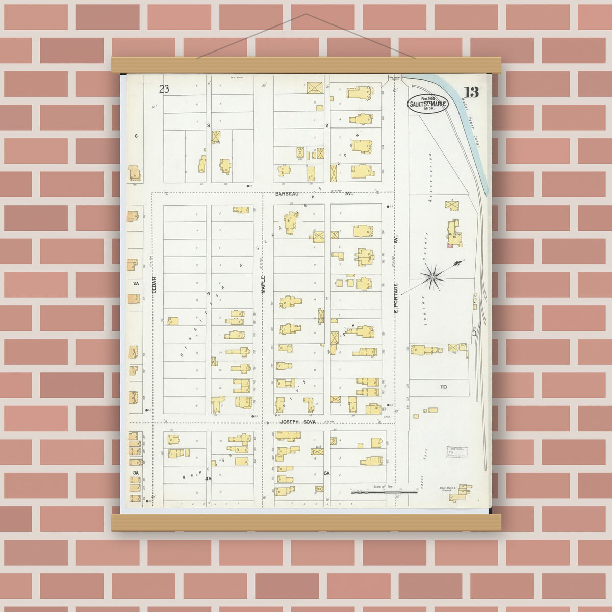 Old map wall art mockup — magnetic wood frame on brick wall — Sanborn Fire Insurance Map from Sault Sainte Marie, Chippewa County, Michigan (1902), Sheet #0013