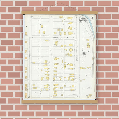 Old map wall art mockup — magnetic wood frame on brick wall — Sanborn Fire Insurance Map from Sault Sainte Marie, Chippewa County, Michigan (1902), Sheet #0013