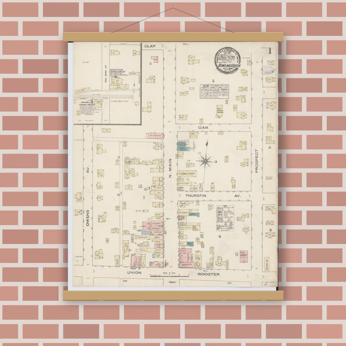 Old map wall art mockup — magnetic wood frame on brick wall — Sanborn Fire Insurance Map from Bowling Green, Wood County, Ohio (1884) - Complete Map Set