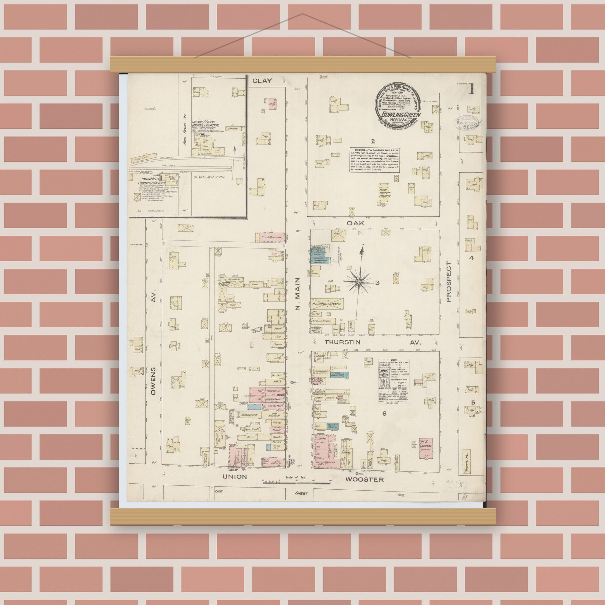 Old map wall art mockup — magnetic wood frame on brick wall — Sanborn Fire Insurance Map from Bowling Green, Wood County, Ohio (1884) - Complete Map Set