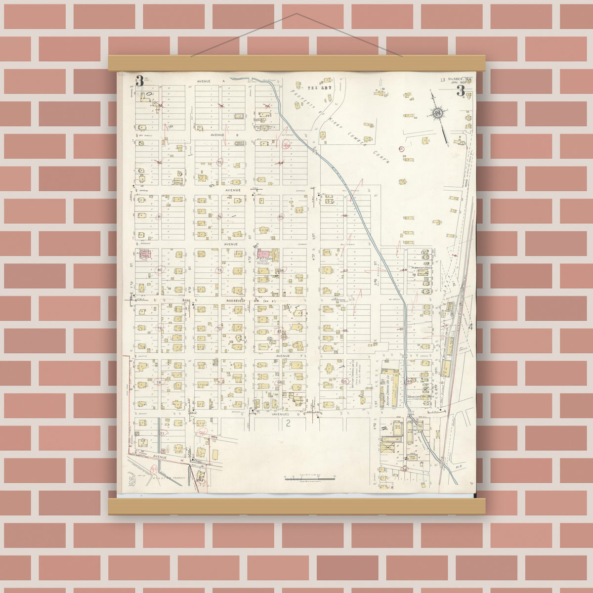 Old map wall art mockup — magnetic wood frame on brick wall — Sanborn Fire Insurance Map from Silsbee, Hardin County, Texas (1942), Sheet #0003