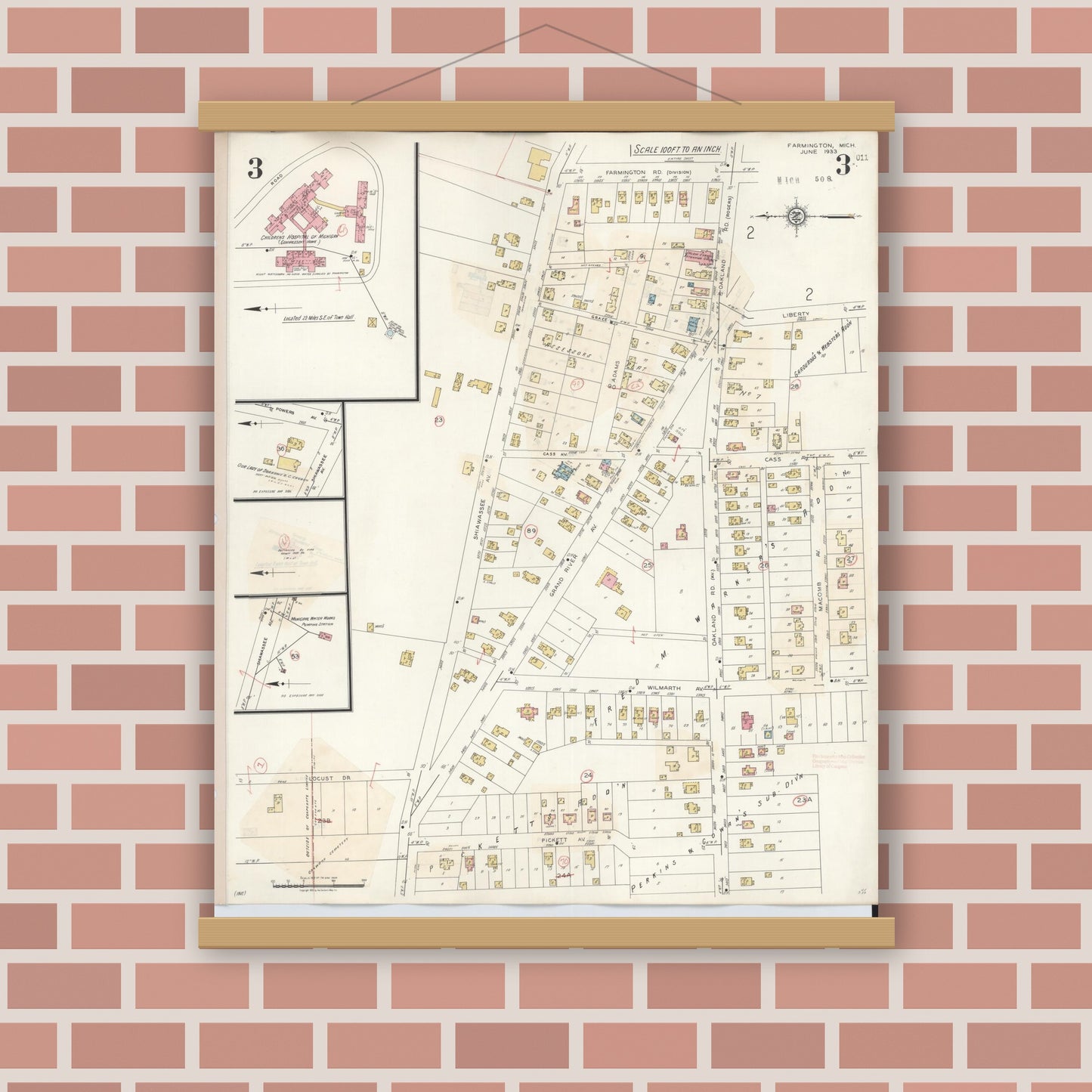 Old map wall art mockup — magnetic wood frame on brick wall — Sanborn Fire Insurance Map from Farmington, Oakland County, Michigan (1943), Sheet #0003