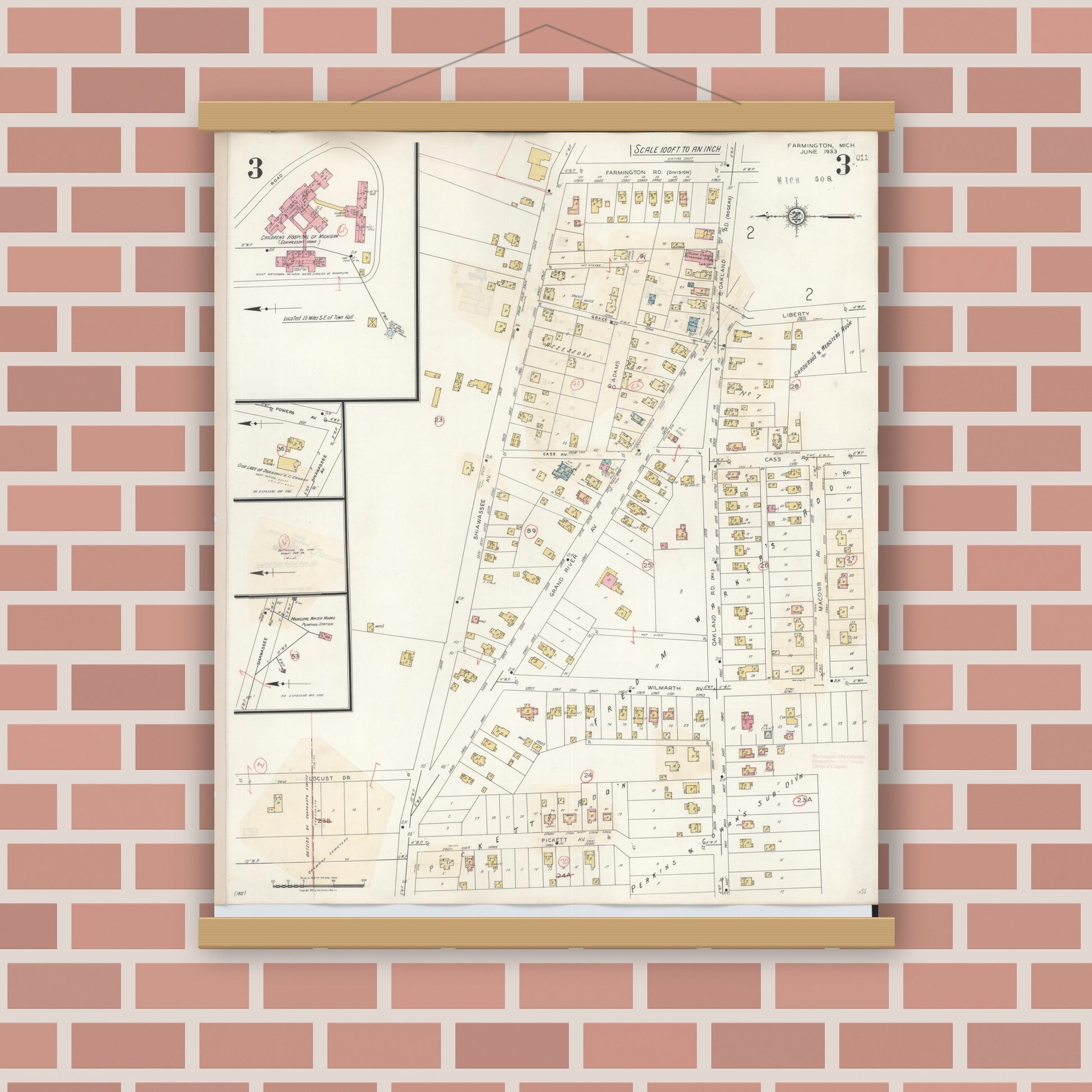 Old map wall art mockup — magnetic wood frame on brick wall — Sanborn Fire Insurance Map from Farmington, Oakland County, Michigan (1943), Sheet #0003