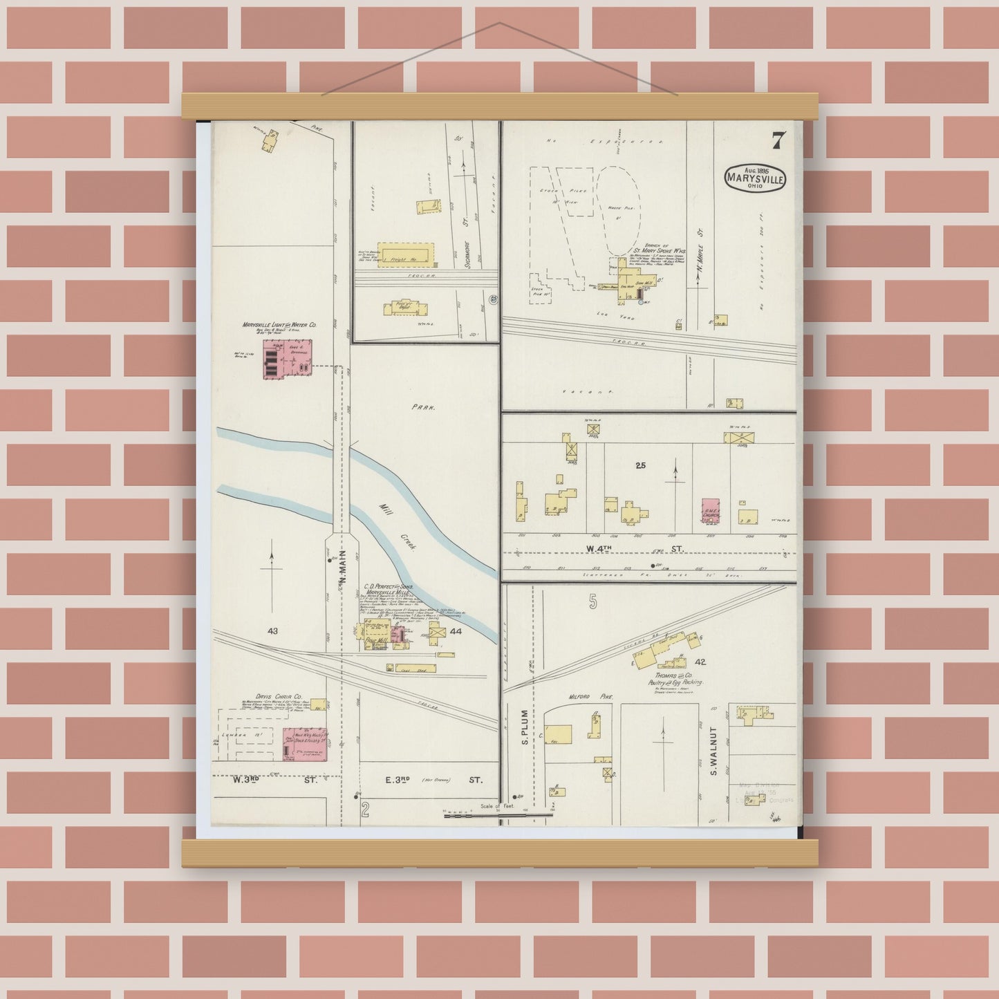 Old map wall art mockup — magnetic wood frame on brick wall — Sanborn Fire Insurance Map from Marysville, Union County, Ohio (1895), Sheet #0007