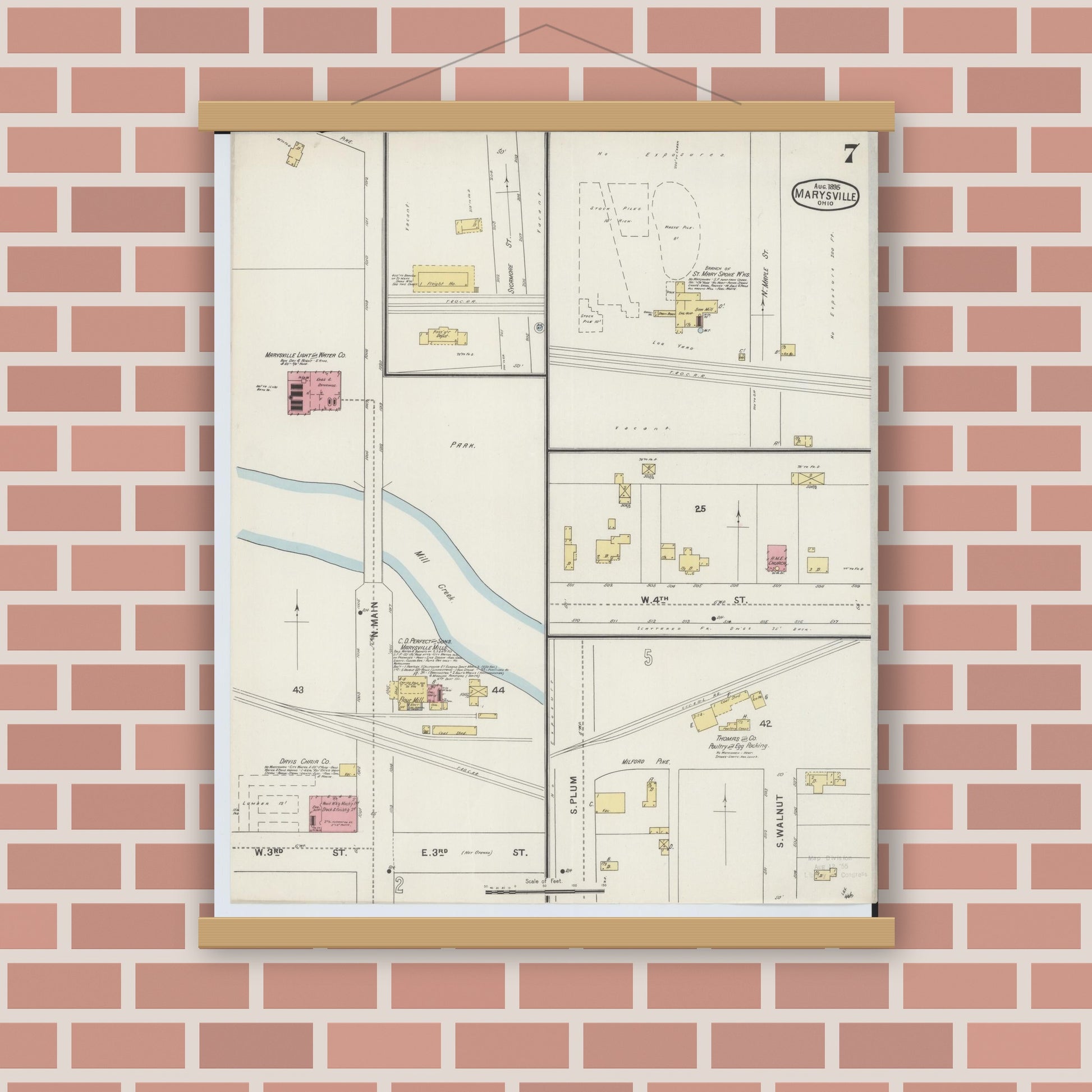 Old map wall art mockup — magnetic wood frame on brick wall — Sanborn Fire Insurance Map from Marysville, Union County, Ohio (1895), Sheet #0007