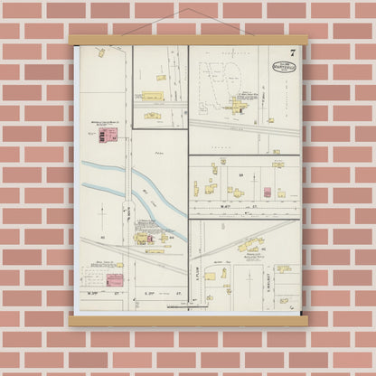 Old map wall art mockup — magnetic wood frame on brick wall — Sanborn Fire Insurance Map from Marysville, Union County, Ohio (1895), Sheet #0007