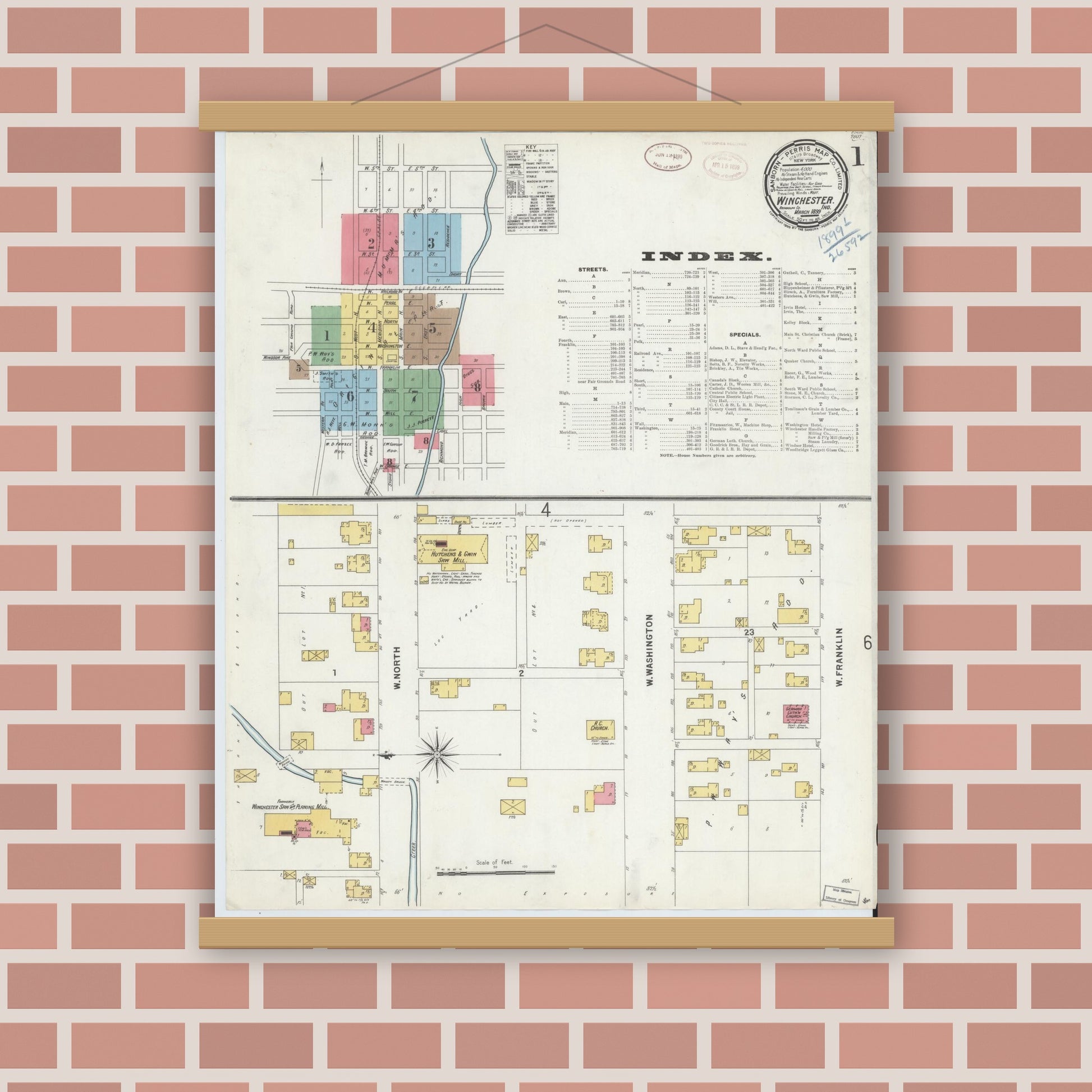 Old map wall art mockup — magnetic wood frame on brick wall — Sanborn Fire Insurance Map from Winchester, Randolph County, Indiana (1899) - Complete Map Set