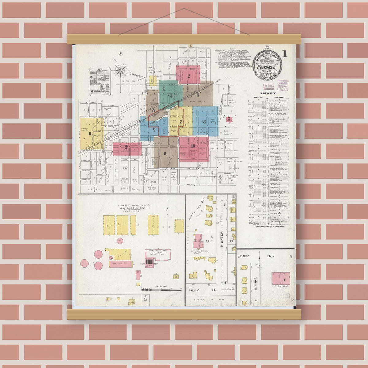 Old map wall art mockup — magnetic wood frame on brick wall — Sanborn Fire Insurance Map from Kewanee, Henry County, Illinois (1905) - Complete Map Set