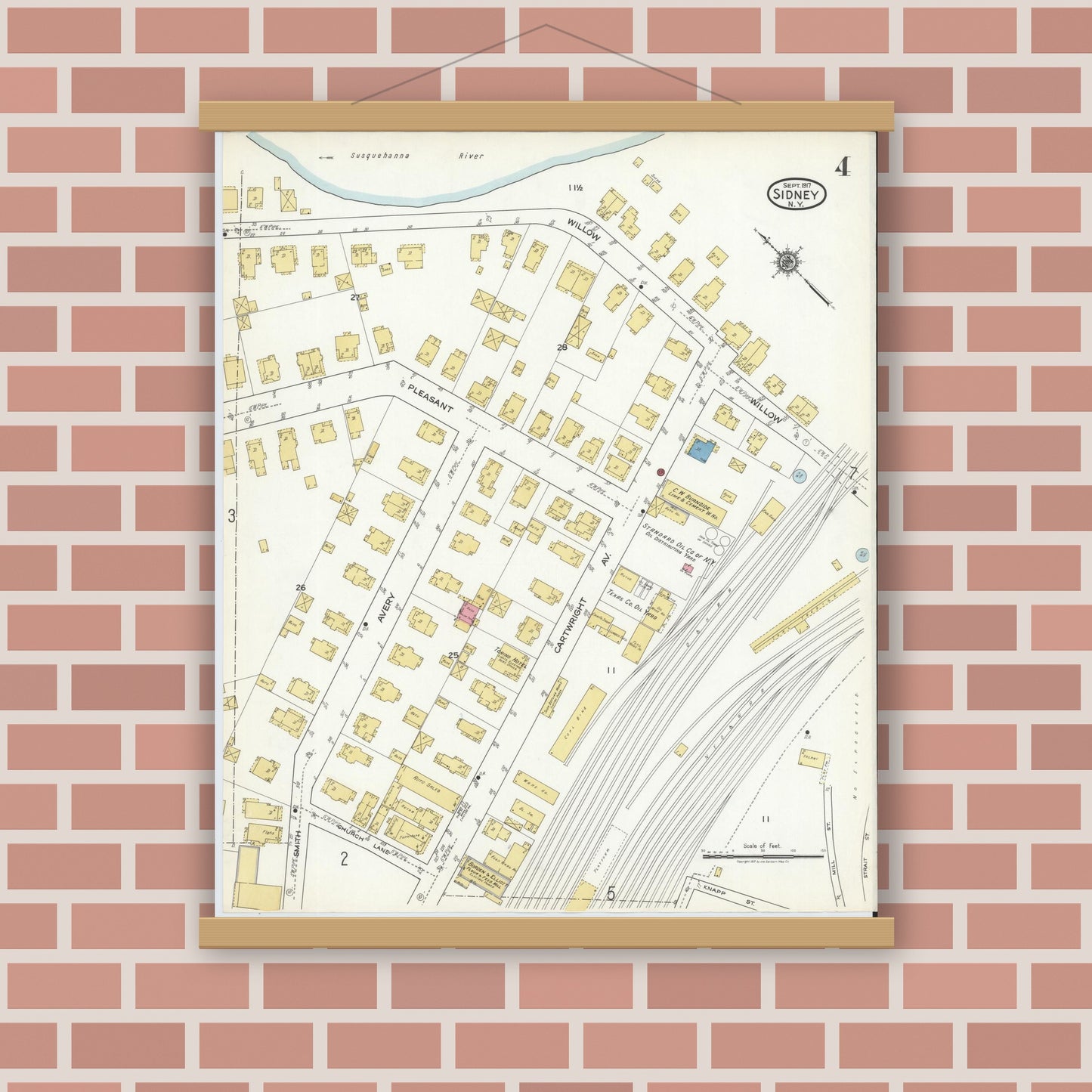 Old map wall art mockup — magnetic wood frame on brick wall — Sanborn Fire Insurance Map from Sidney, Delaware County, New York (1917), Sheet #0004