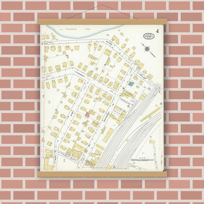 Old map wall art mockup — magnetic wood frame on brick wall — Sanborn Fire Insurance Map from Sidney, Delaware County, New York (1917), Sheet #0004